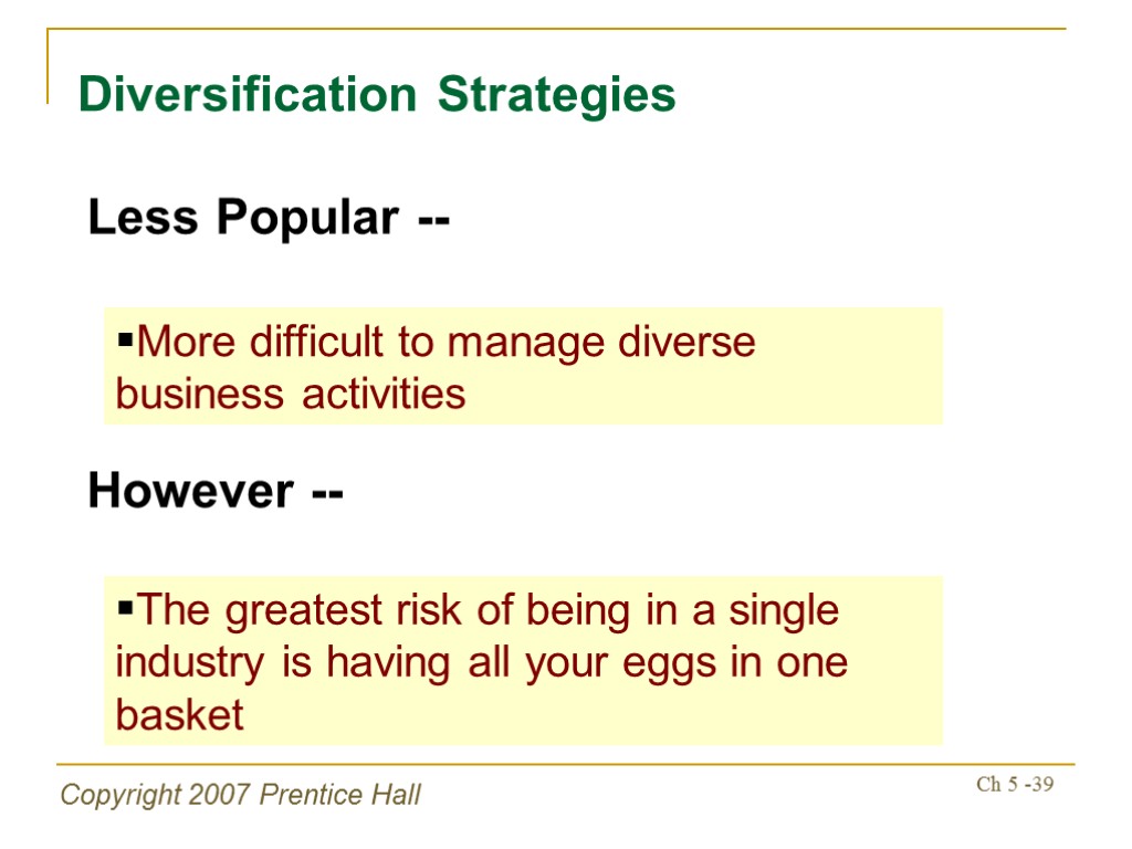 Copyright 2007 Prentice Hall Ch 5 -39 Diversification Strategies Less Popular -- More difficult